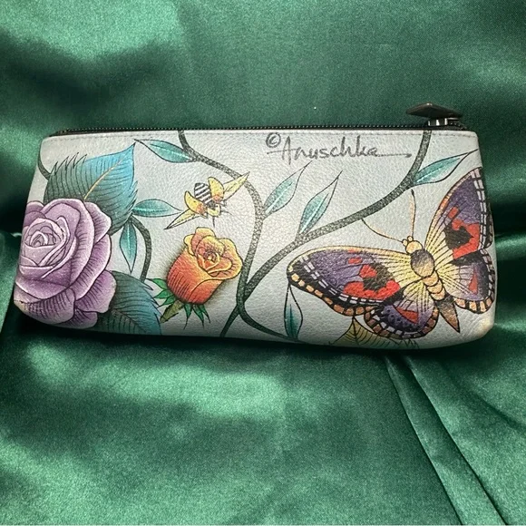 Anuschka Hand-Painted Leather Floral Butterfly Cosmetic Bag - Picture 5 of 10